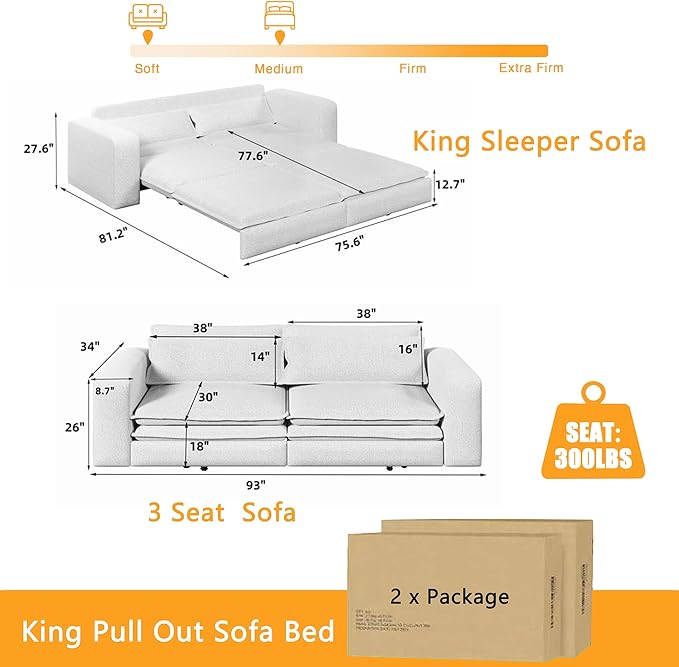 93 Sleeper Sofa Bed King Size Teddy Pull Out Couch 3 in 1 Convertible Futon Couches Modern Deep Seat Daybed with 2 Pillows Loveseat for Living Room Apartment Office Cream Beige