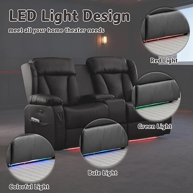 66 Power Loveseat Recliner Sofa with Console RV Reclining Couch with Cup Holders/LED Lights/USB and USB-C Wall Hugger Loveseat Recliners Home Theater Seating for Living Room (Black)