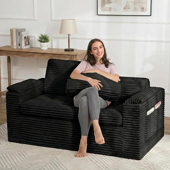 Boneless Loveseat Sofa 60in Cloud Couch Sofa for Living Room 2 Seater Modern Lounge Sleeper Couch with Removable Cover Corduroy with Armrest Seat Cushion &amp Pillows for Small Spaces Black