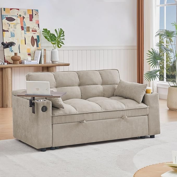 Large Size Convertible Sleeper Sofa BedPolka dot Velvet Pull Out Futon Couch with Storage handrails &amp Rotating Side TablesConvertible Sofa Couch for Living RoomRV (Khaki)