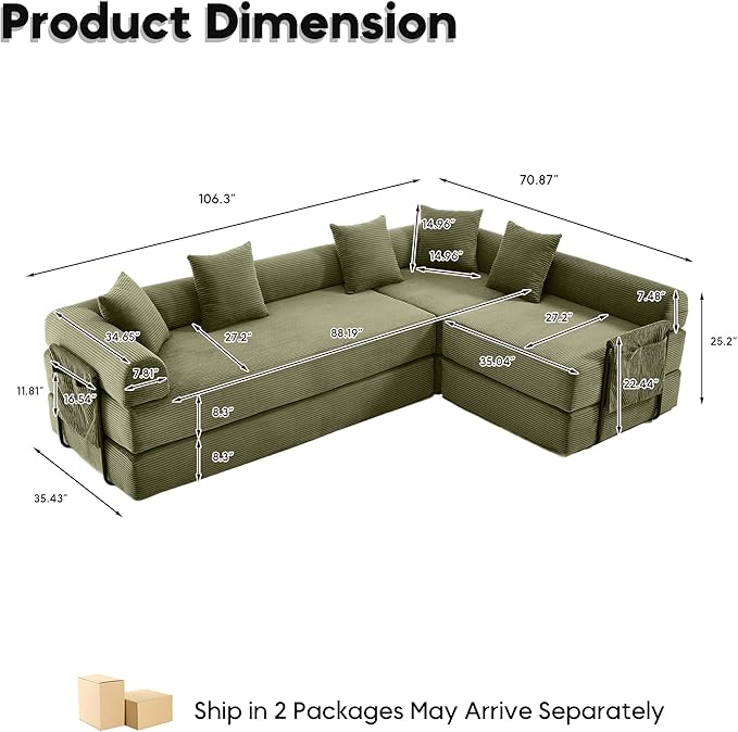 L Shape Convertible Sofa Bed with Cylindrical Pillow and Storage Pocket Convertible Sofa Couch Bed with Support Frame for Living Room Bedroom Children Room-Oliver Green