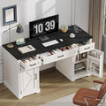 ONBRILL 59 inch Farmhouse Executive Desk with Drawers Home Office Desk with File Cabinet Outlets Storage Cabinet Keyboard Tray Wood Computer Desk for Work Study Writing (Off White &amp Black)