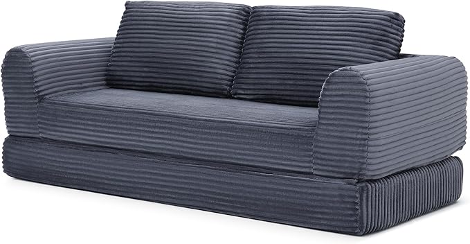 82 Corduroy Convertible Boneless Couch with Pull-Out Bed 2 in-1 Folding Convertible Sofa Bed with Pillows Loveseat Floor Sofa Couches for Living Room No Assembly Required (Grey) | Breathable Mater