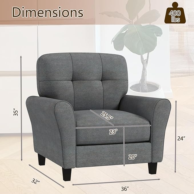 KOMFOTT Upholstered Accent Chairs Set of 2 Mid-Century Modern Living Room Chairs Linen Fabric Armchair with Tufted Back Non-Slip Foot Pads Single Sofa Chairs Reading Chairs for Bedroom Grey