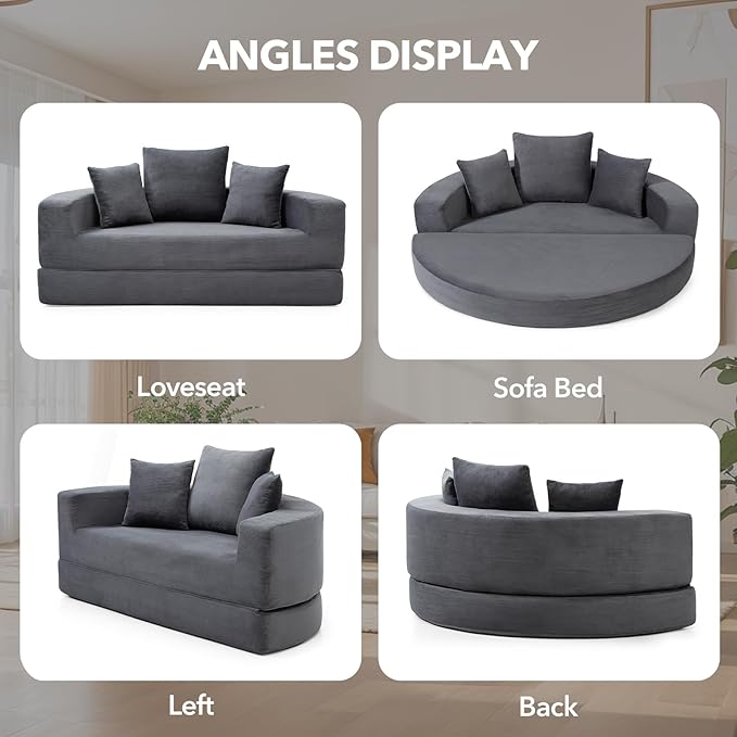 Round Boneless Couch Corduroy Upholstered Folding Convertible Sofa Bed with Pillows 2-in-1 Futon Sofa Bed with Half-Circle Design Comfy Loveseat for Living Room Apartment (Gray)