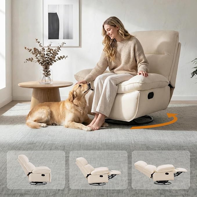 Furnimart Swivel Oversized Recliner Chair Extra Wide Manual Recliner Chair for Adults Nursery Glider Rocking Chair Comfy Reading Chair with Side Storage for Living Room Bedroom Chenille Beige