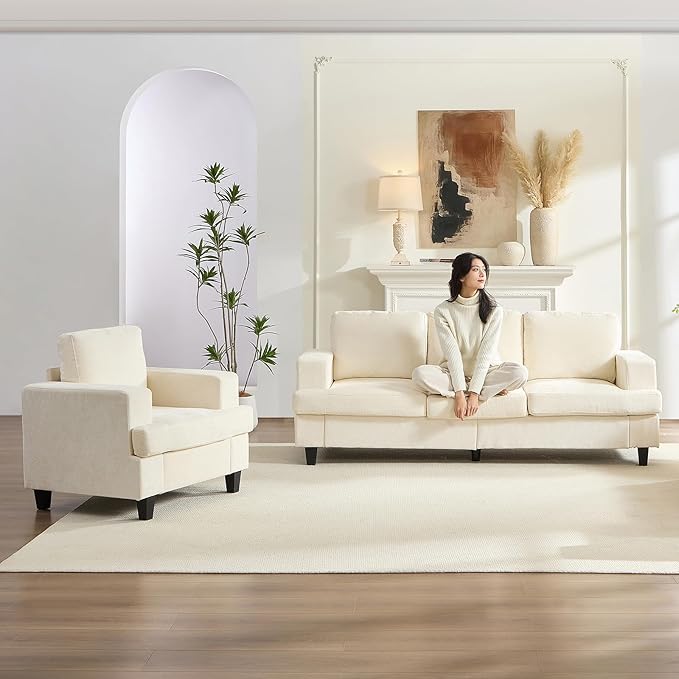 PUREMIND 2 Piece Living Room Sofa Set Chenille Upholstery 3 Seater Couch and Armchair Set Solid Wood Frame Modern Sectional Couches for Living Room Office Apartment