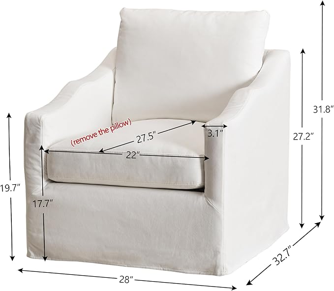 KINWELL 28 Wide Upholstered Down Fill Slipcovered Swivel Barrel Chair Modern Comfy Swivel Accent Chair with Pillow Back for Living Room Bedroom Fully Assembled (Pearl White)