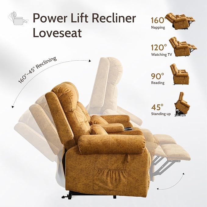 Power Lift Recliner LoveseatVelvet Reclining Loveseat Sofa RV Couch with ConsoleDual Power Lift Recliner Chair for Elderly with Heat and MassageElectric Lift Chairs for Living Room (Yellow)