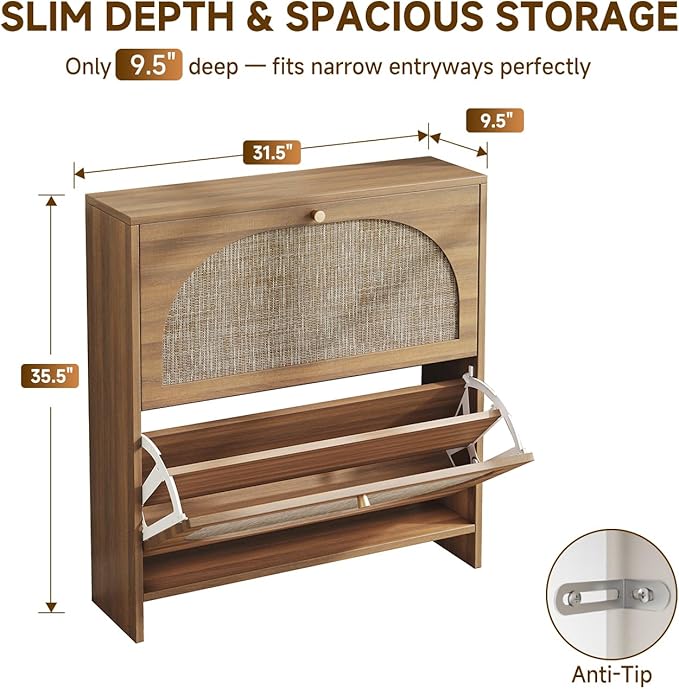 Nicetree Rattan Arched Accent Shoe Storage Cabinet - Freestanding Ultra Slim for Entryway 2 Flip Drawers &amp 3-Tier Adjustable Shelves Farmhouse Modern Rustic Shoe Rack for Hallway Foyer Living