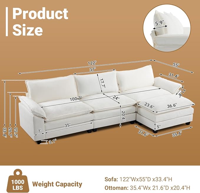 VINGLI Convertible Modular Sectional Sofa for Living Room with Deep Seat &amp Movable 2-Layer Ottoman L-Shape Cloud Sofa Bed with Chaise &amp Armrests Oversized 3-Seater Sleeper Couch Chenille C