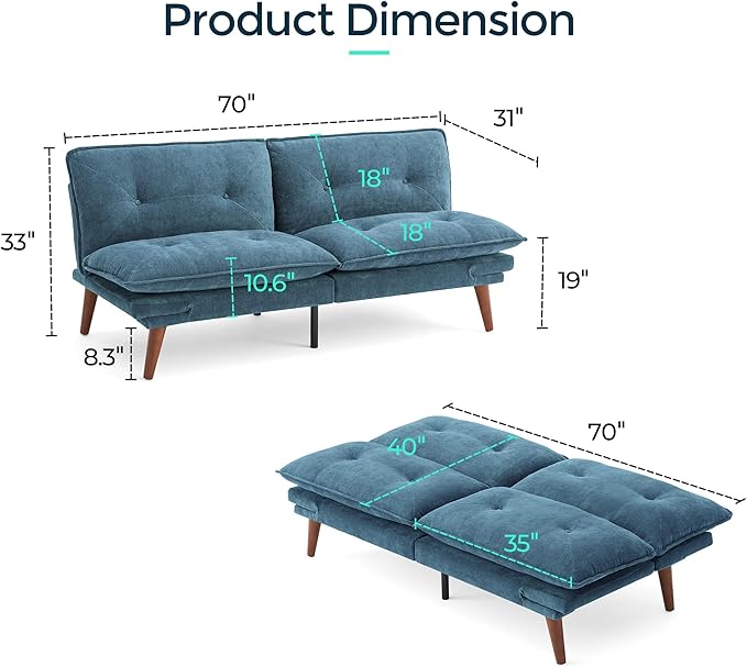 LINSY HOME Futon Sofa Bed 70 Futon Couch with Adjustable Backrest and Armrest Comfy Loveseat Convertible Folding Sleeper Sofa Couches for Small Spaces Living Rooms Apartment Office
