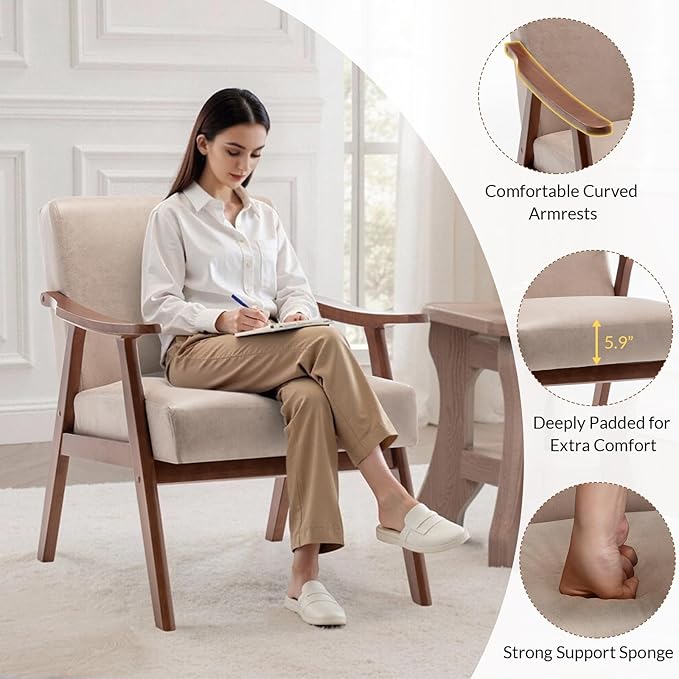 Rovibek Upholstered Accent Chair with Arms - Mid Century Modern Accent Chairs with Wood Frame Upholstered Arm Chairs with 5.9in Thick Foam Beige Occasional Chair Set of 2