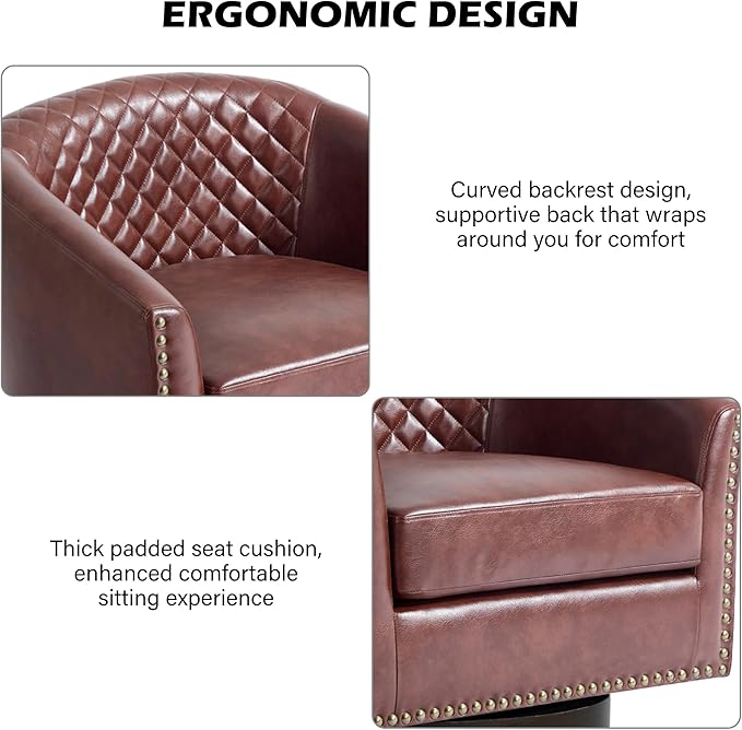 Swivel Barrel Accent Chair Comfy Modern Upholstered Round Faux Leather Arm Chair for Living Room Bedroom
