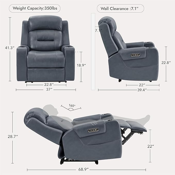 Watson &amp Whitely Genuine Leather Power Recliner Chairs for Adults Lay Flat Recliner with Power Headrest USB Ports and Cup Holders Electric Reclining Sofa for Living Room Bedroom Navy