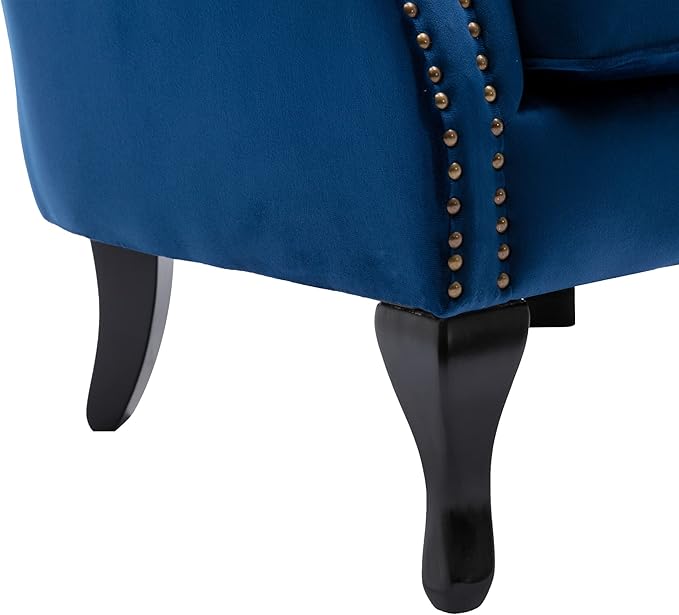 Mid Century Modern Accent Chair Upholstered Armchair Comfy Velvet Fabric Single Sofa with Tufted Wingback for Small Spaces Bedroom Living Room Blue
