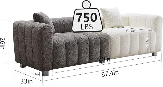 87.4 Modern 3 Seater Sofa Couch for Living Room Mid Century Fluffy Couches with Solid Wood Frame and 6 Legs for Bedroom Apartment Weight Capacity 750 LBS… (Gray &amp White)
