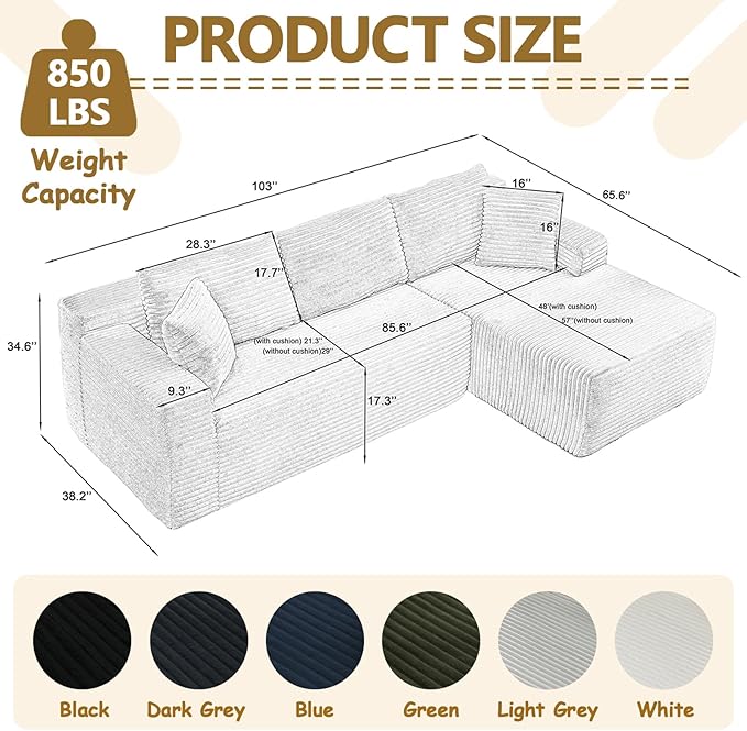 104 Cloud L Shape Couch with Chaise Modular Sectional Couches with Deep Seat Corduroy Sofas for Living Room Boneless Memory Foam Couch No Assembly (Light Grey Right Facing Chaise)