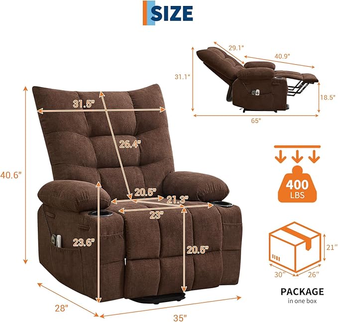 GarveeHome Power Lift Recliner Chair for Elderly with Massage and Heat Oversized Electric Massage &amp Heat Recliner with Soft Padded Upholstery Side Pocket &amp Cup Holders for Living Room Brown