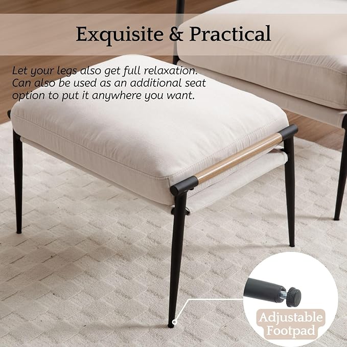 LukeAlon Upholstered Chenille Footstool Modern Ottoman Footrest Small Shoe Stool with Black Metal Legs Mid Century Vanity Stool with Wooden Armrests for Living Room Entrance Cushion Removable Beige