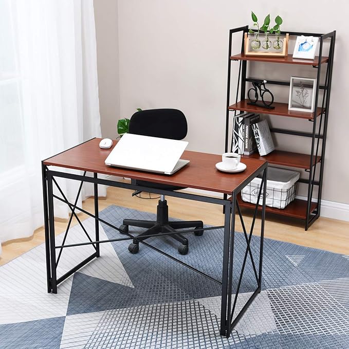 Writing Computer Desk Modern Simple Study Desk Industrial Style Folding Laptop Table for Home Office Notebook Desk Walnut Brown Desktop Black Frame…