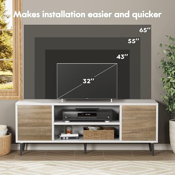YESHOMY Modern TV Stand for 65 Television Entertainment Center with Two Storage Cabinets and Open Shelves Retro Style Media Console for Living Room Bedroom Office 58 Inch White and Beige