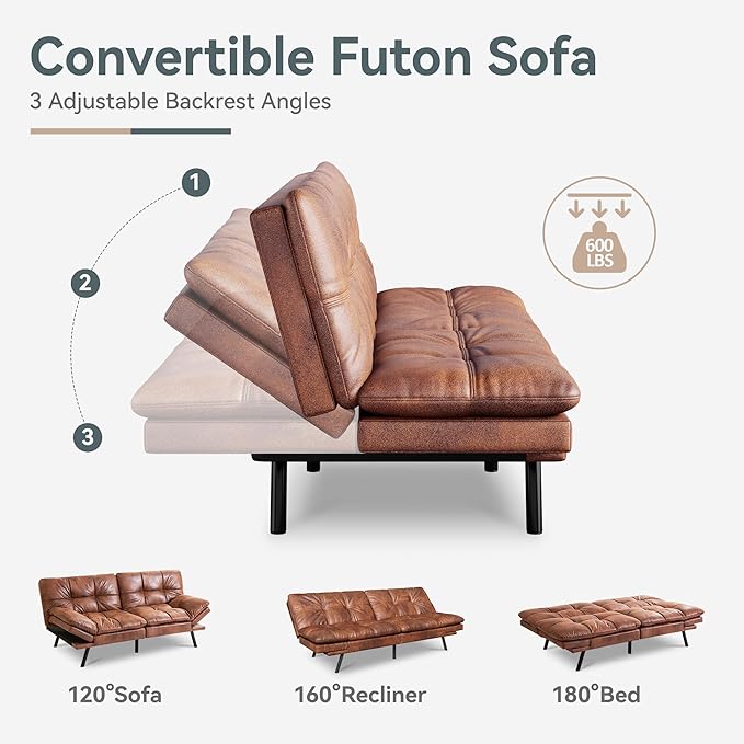 Vyfipt Convertible Futon Sofa Bed Brown Faux Leather Futon Couch with Adjustable Backrest &amp Armrests Folding Small Recliner Sleeper Sofa Bed for Living Room Apartment Office
