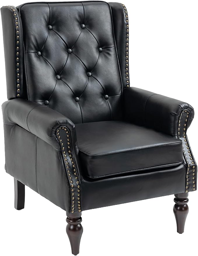 Homtique Faux Leather Accent Chair Modern Living Room Chairs Button Tufted Wingback Armchair with Wood Legs Upholstered Bedroom Chair with Rivet Decoration Leisure Reading Chair Black