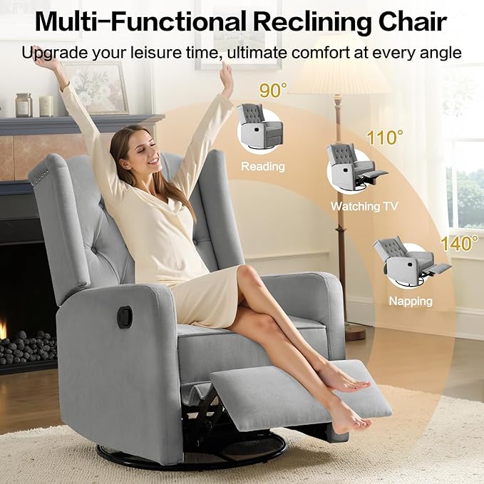 ABAKAN Swivel Rocker Recliner Chair 360 Degree Nursery Rocking Recliner Linen Glider Chair with Button Tufted Wingback Chair for Living Room Bedroom Gray