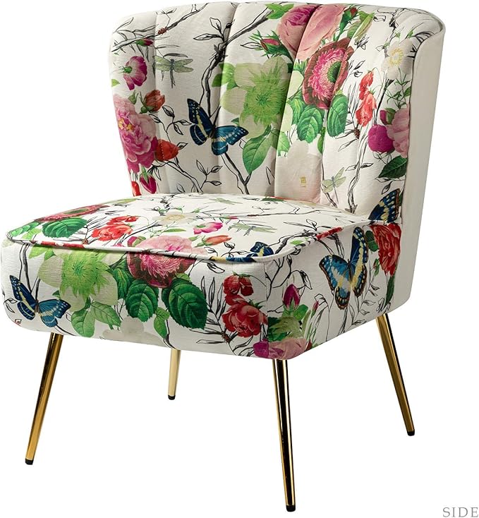 TINA'S HOME Armless Accent Chair with Gold Metal Legs Comfy Tufted Floral Fabric Living Room Chair Wingback Small Side Chair Upholstered Slipper Chair for Bedroom Reading Room (Print Flower IVORY)