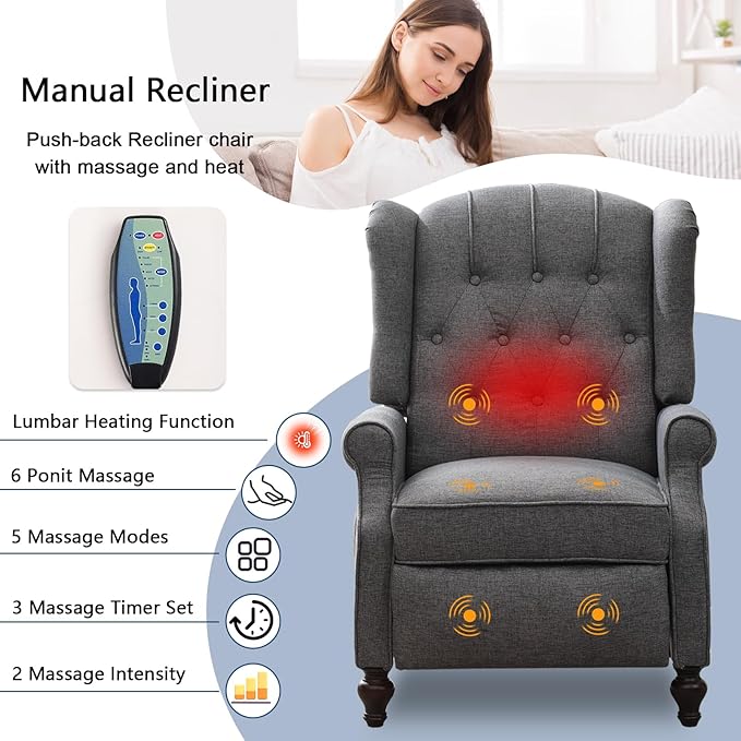 MANBUR Wingback Pushback Recliner Chair Upholstered Tufted Recliner with Massage and Heat Tufted Armchair Single Sofa Reclining Sofa for Living Room Bedroom or Club (Gray)