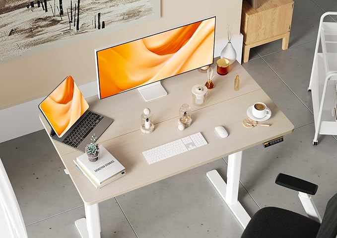 Seang Electric Standing Desk Adjustable Height with 3 Memory Presets 40x24 Inch Sit Stand with Splice Board for Home Office Computer Workstation White Frame/Nature Top