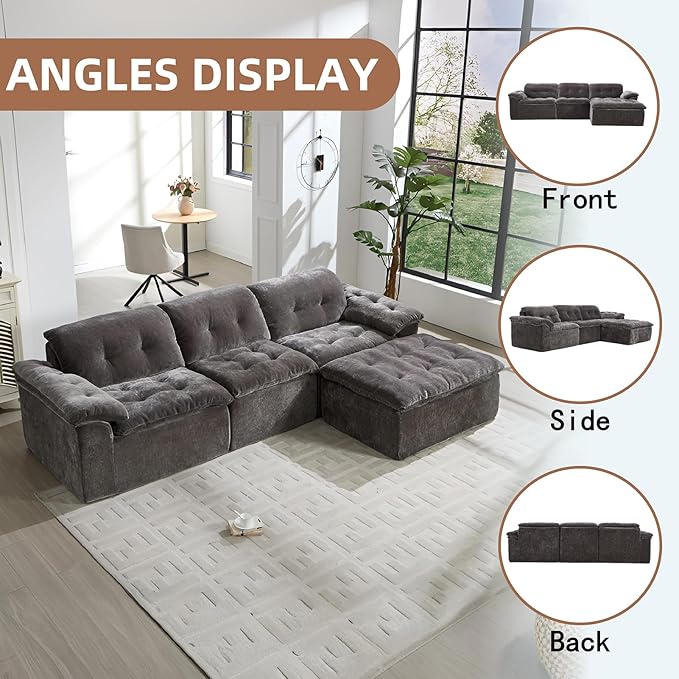 118” Cloud Sectional Couch Deep Seat Boneless Sofa for Living Room with L-Shaped Chaise Comfy Chenille Modular Sectional Sofa Made of Memory Foam No Assembly Required (Grey)
