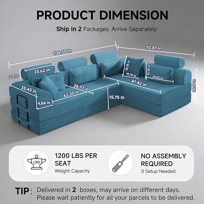 106” Cloud Sectional Couch L-Shaped Sofa with Right Facing Chaise Corduroy Boneless Couches Compressed Modular Sectional Sofa with Deep Seat High Backrest Headrest (Azure)