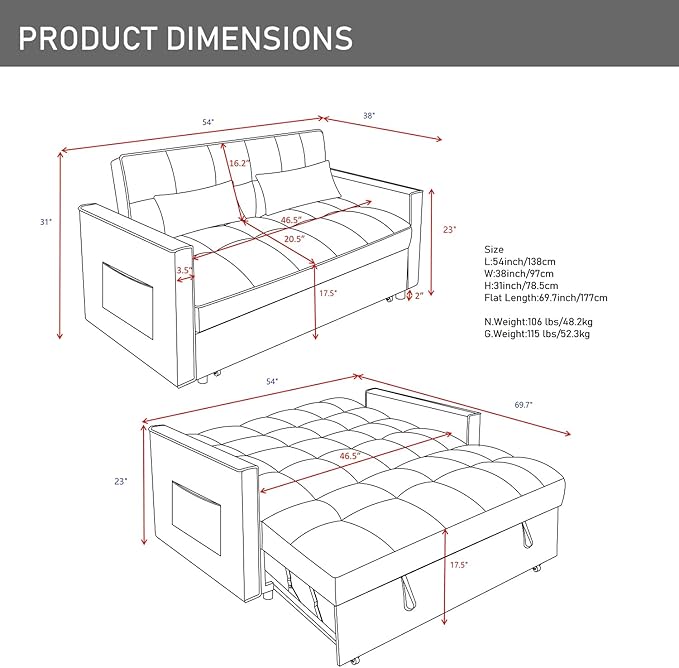 3 in 1 Convertible Sleeper Sofa Futon BedModern Velvet Pull Out Couch Bed with Reclining Backrest&amp2 Pillows54 Full Size Small Love Seat Lounge Couches for Small SpacesLiving Room (Silver grey)