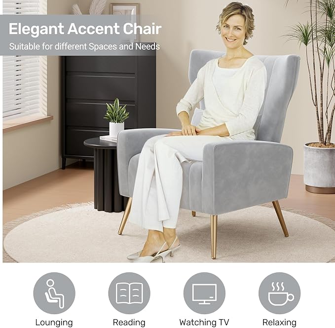 Velvet Accent Chair Wingback for Living Room High Back Arm Chair with Golden Legs Lumbar Pillow Upholstered Single Sofa Bedroom Light Grey