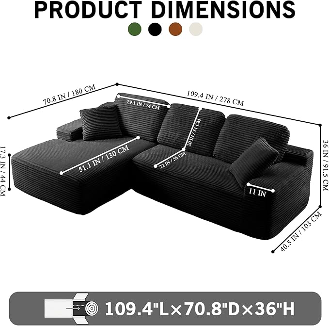 109.4” Modular Sectional Sofa Convertible Sofa Bed No Assembly Required Cloud Couch with Deep Seat Modern L-Shaped Boneless Sofa for Living Room (Black)