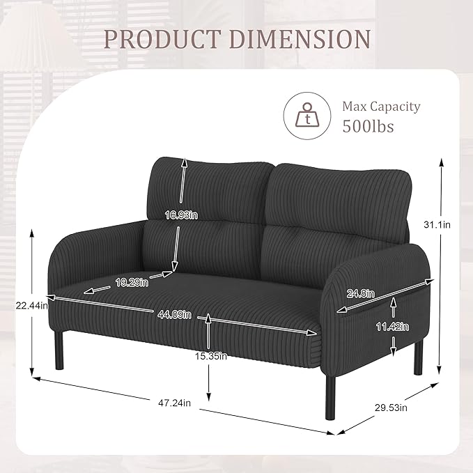 47'' Small Loveseat Sofa Comfy Corduroy Love Seat Couch for Small Spaces 2 Seater Sofa Office Couch with Solid Wood Legs for Living Room Bedroom Apartment (Gray)