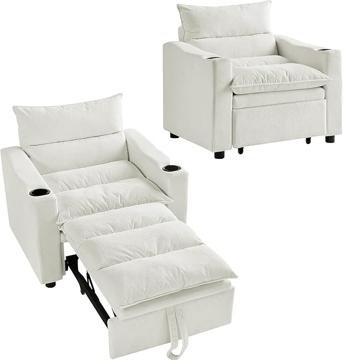Sleeper Chair 3 in 1 Convertible Pull Out Chair Sleeper with Bracket and Cup Holder Chairs Bed Sleepers for Adults Adjustable Sofa Bed Chairs for Living Room Small Spaces Beige