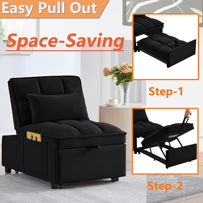 4 in 1 Bouncer with Pull-Out Bed Convertible Slip on Sofa Chair with Storage Pockets and Adjustable Backrest Comfortable Folding Footrest Bed Living Room (Black)