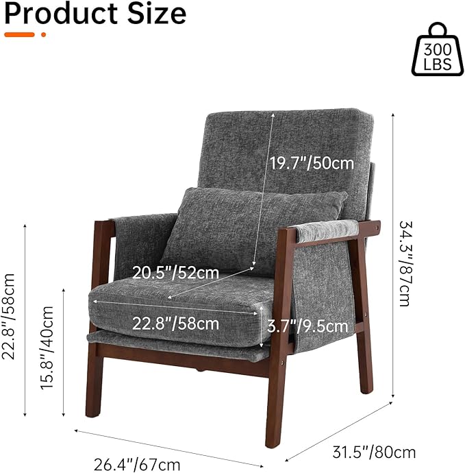 Accent Chair Mid-Century Modern Chair with Lumbar Support Pillow Upholstered Living Room Chairs with Wooden Chenille Armchair with Cushion Comfy Side Chair for Bedroom Balcony Dark Grey
