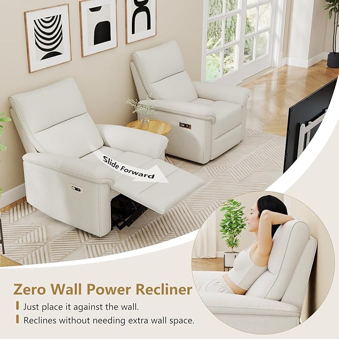 cinkehome Wall Hugger Power Recliners for Small Spaces Electric RV Recliners with USB Modern Recliner Chair for Living Room Apartment Off-White