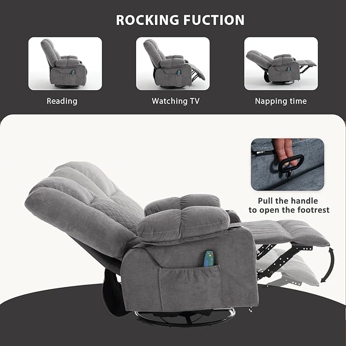 Swivel Rocker Recliner Chair with Massage Heat Overstuffed Fabric Recliners Oversize Lounge Chairs for Adults Manual Reclining Home Theater Single Sofa with Cup HoldersUSB Charge PortGrey