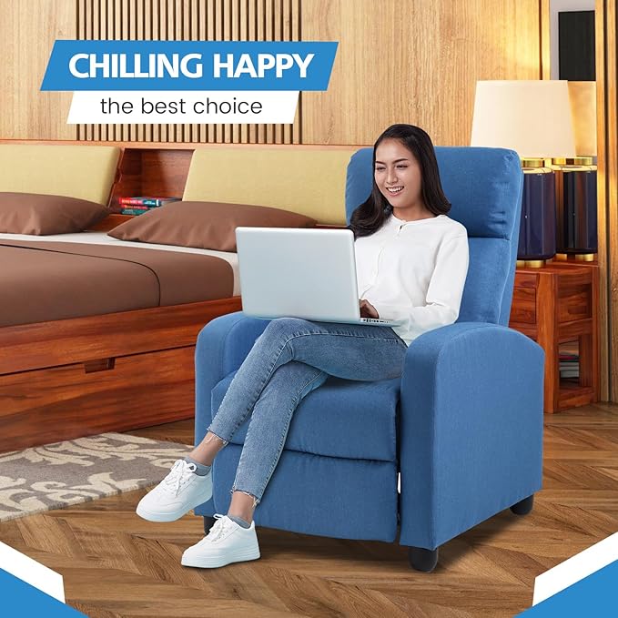 Recliner Chair for Adults Living Room Chairs Reading Chair with Fabric Padded Seat Backrest Modern Reclining Easy Lounge Bedroom Chair Recliner Chair for Bedroom (Blue)