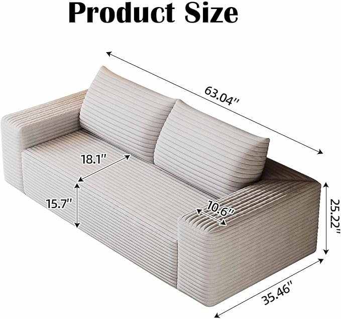 63 Corduroy Couch in a Box Cloud Loveseat Sofa with 2 Cushions Boneless Couches for Living Room Bedroom Small Space Compressed Deep Seat Memory Foam No Assembly (White 63)