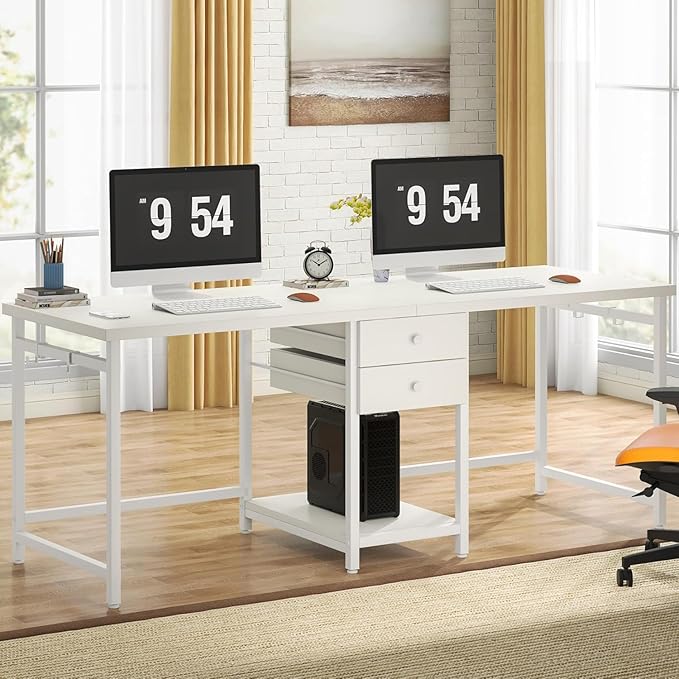 78 Two Person Computer Desk with Drawers Long Double Home Office Desk with with Storage Shelves Large Gaming Study Writing Table Workstation for Office (White-Drawers)