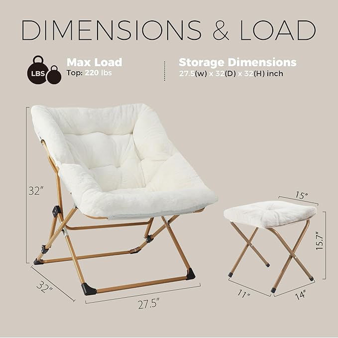 Walsham Folding Comfy Chair with Ottoman Faux Fur Soft Cozy Lounge Reading Papasan Chair with Footrest for Adults Kids Bedroom Living Room Dorms Small Space White