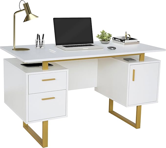 Techni Mobili Storage Drawers and Cabinet 51.25” W-Modern Office Large Floating Desktop Surface Desk 23.6 D x 51.2 W x 29.8 H White/Gold