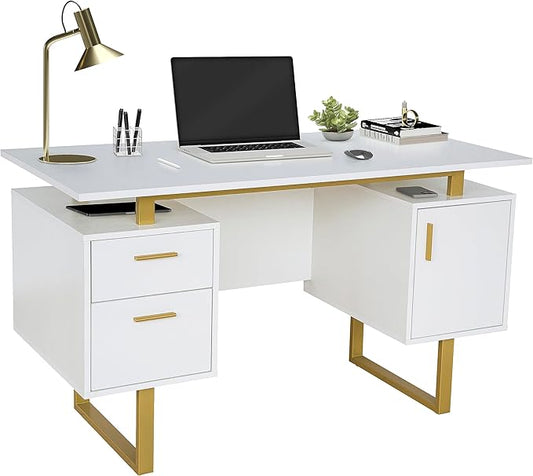 Techni Mobili Storage Drawers and Cabinet 51.25” W-Modern Office Large Floating Desktop Surface Desk 23.6 D x 51.2 W x 29.8 H White/Gold