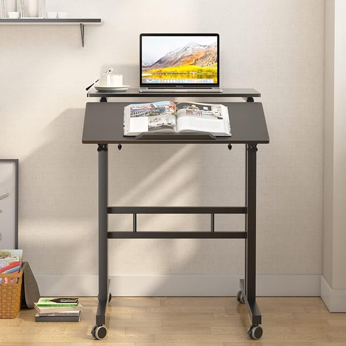 soges 23.6inches Height Adjustable Desk Laptop Desk on The Wheels Rolling Stand Up Desk Computer Desk Adjustable Standing Desk Sit and Stand Desk Portable Laptop Table Black